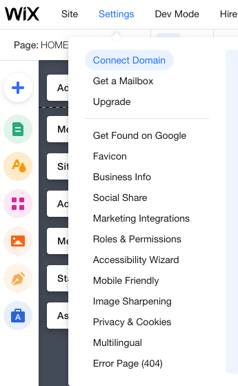 Wix settings menu