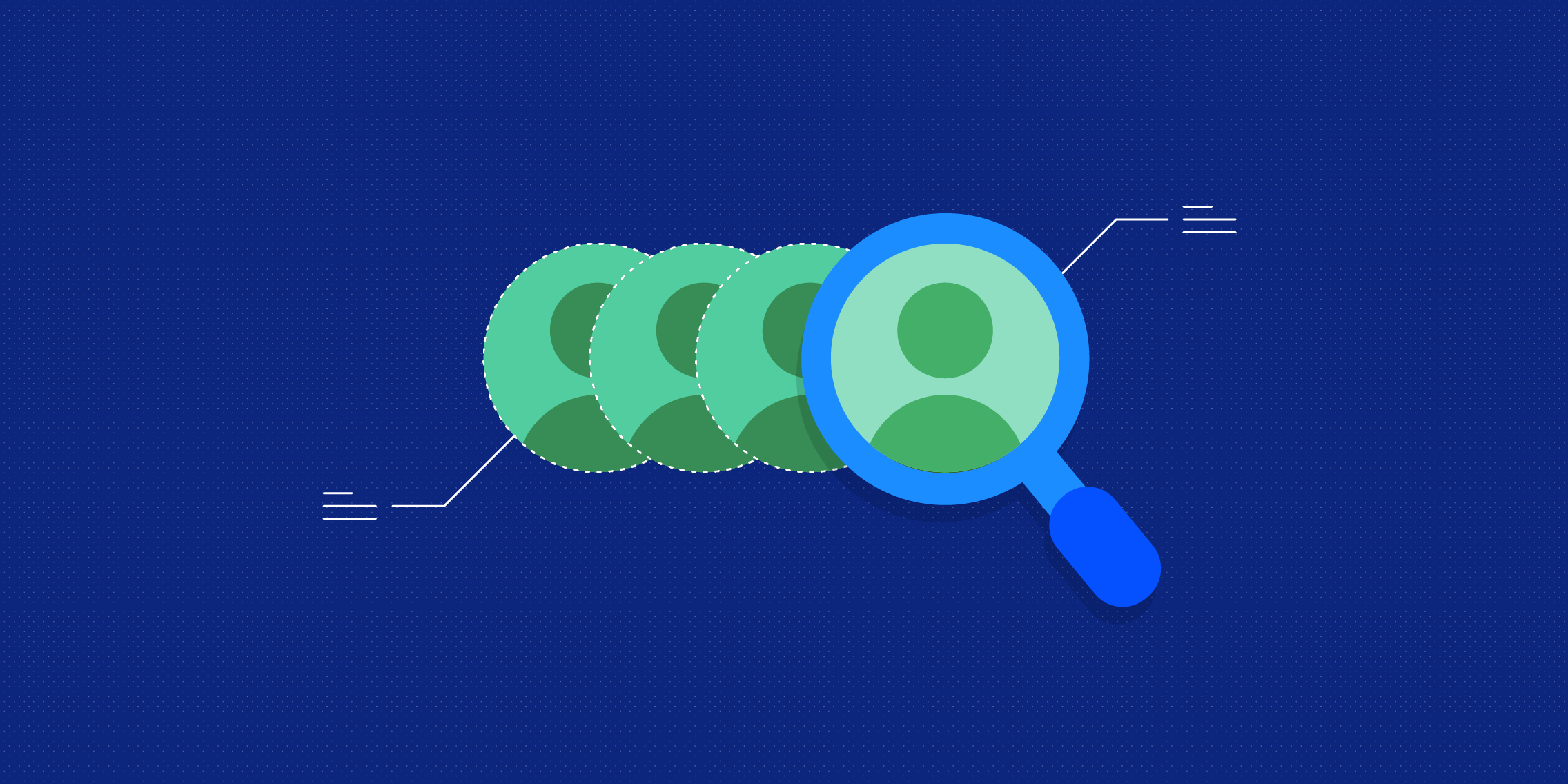 Illustration of multiple profiles with one highlighted with a magnifying glass.