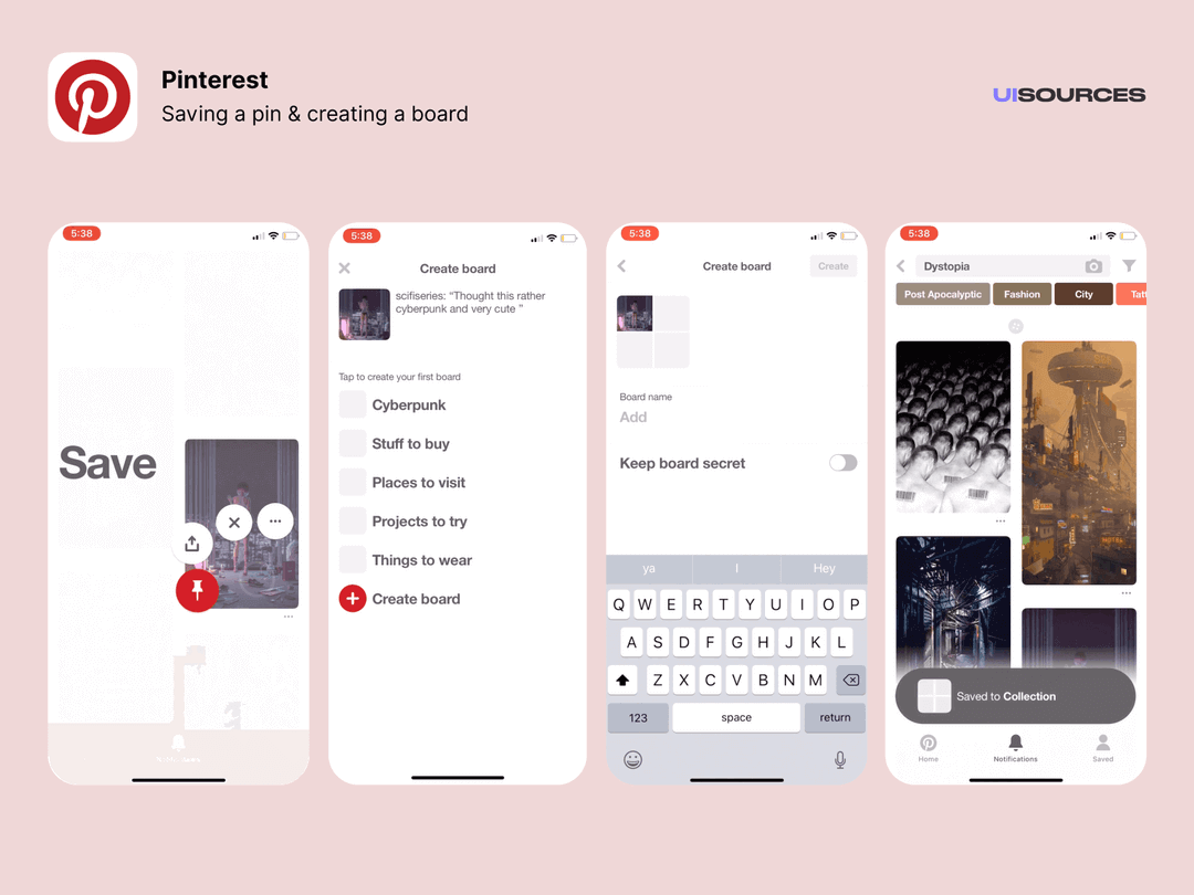 Pinterest’s press and hold shortcuts