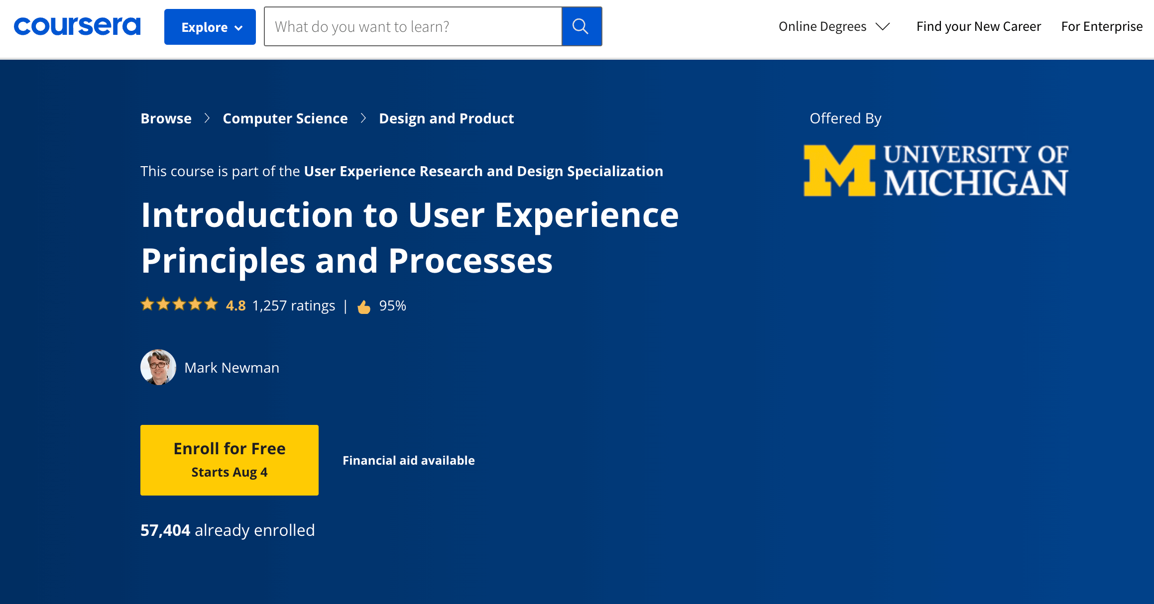 University of Michigan’s Introduction to User Experience Principles and Processes on Coursera