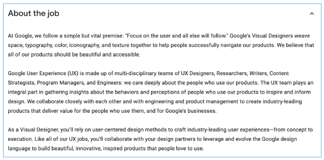 google visual designer job ad