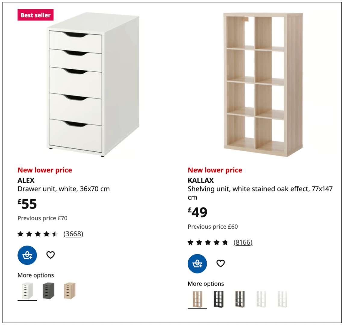 7 principles of icon design all UI Designers should follow (2026) 3 IKEA product listings showing the white ALEX drawer unit and KALLAX shelving unit, both advertised at new lower prices.