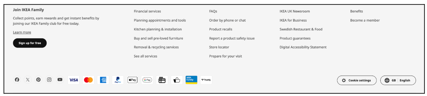 7 principles of icon design all UI Designers should follow (2026) 4 IKEA UK website footer showing IKEA Family sign-up information, customer service links, social media icons, payment methods, cookie settings and language options.
