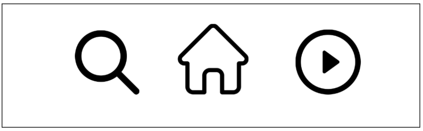 7 principles of icon design all UI Designers should follow (2026) 5 Three black interface icons representing search, home and play.