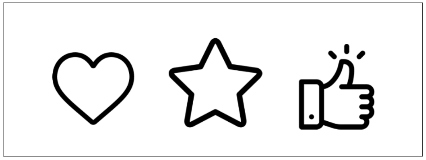7 principles of icon design all UI Designers should follow (2026) 6 Three similar icons—a heart, star and thumbs-up—illustrating how different symbols can represent overlapping actions such as liking, favouriting or saving.