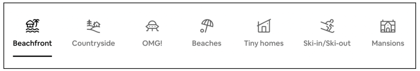 7 principles of icon design all UI Designers should follow (2026) 7 A set of distinctive accommodation category icons representing beachfront, countryside, unusual stays, beaches, tiny homes, ski-in/ski-out properties and mansions.