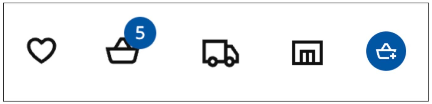 7 principles of icon design all UI Designers should follow (2026) 10 A set of consistent interface icons for favourites, basket, delivery and shopping actions, illustrating a cohesive visual style across the brand.
