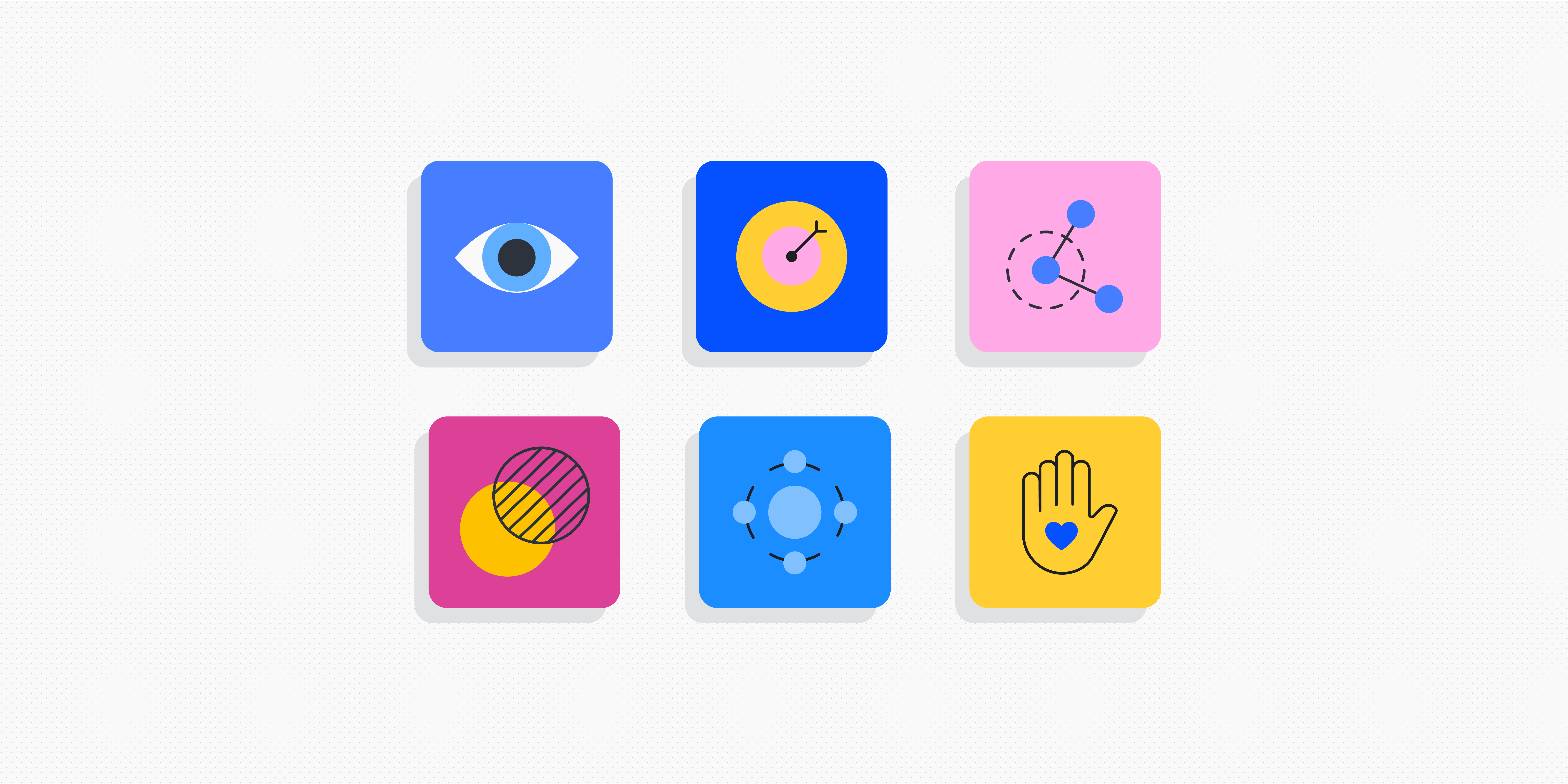Content design elements and icons displayed in six squares.