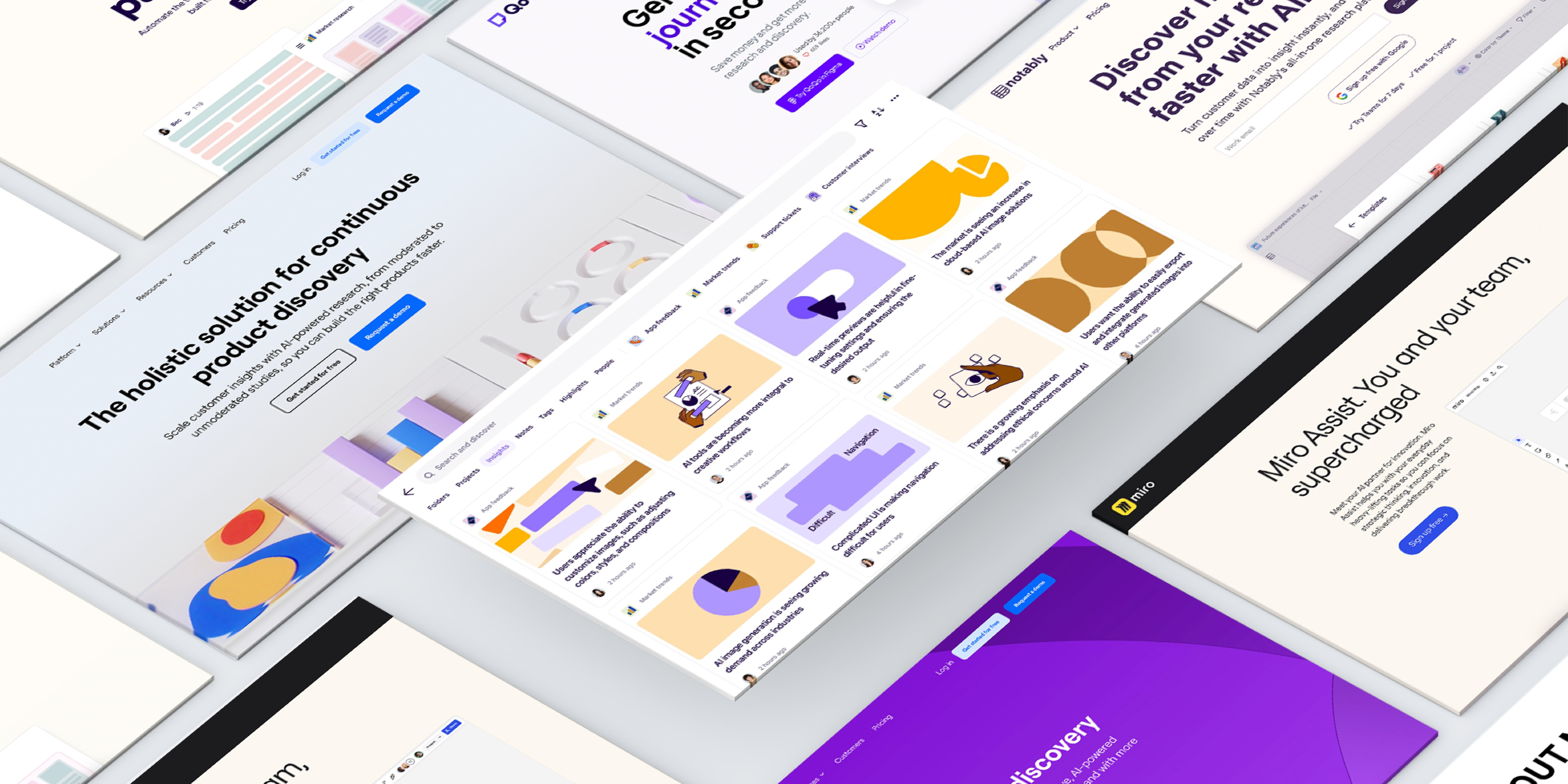 Multiple screens floating with AI tools for user research on them.