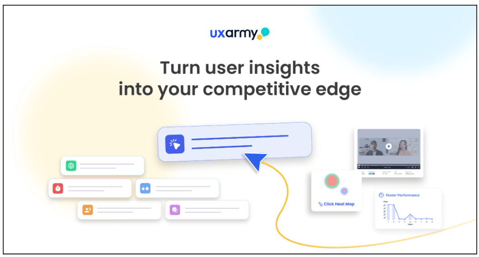 Top AI UX research tools: How to power up your user research 10 Banner from UXArmy with the headline “Turn user insights into your competitive edge”, featuring UI-style cards, a cursor arrow, and small visuals of analytics dashboards and video testing, on a soft gradient background.