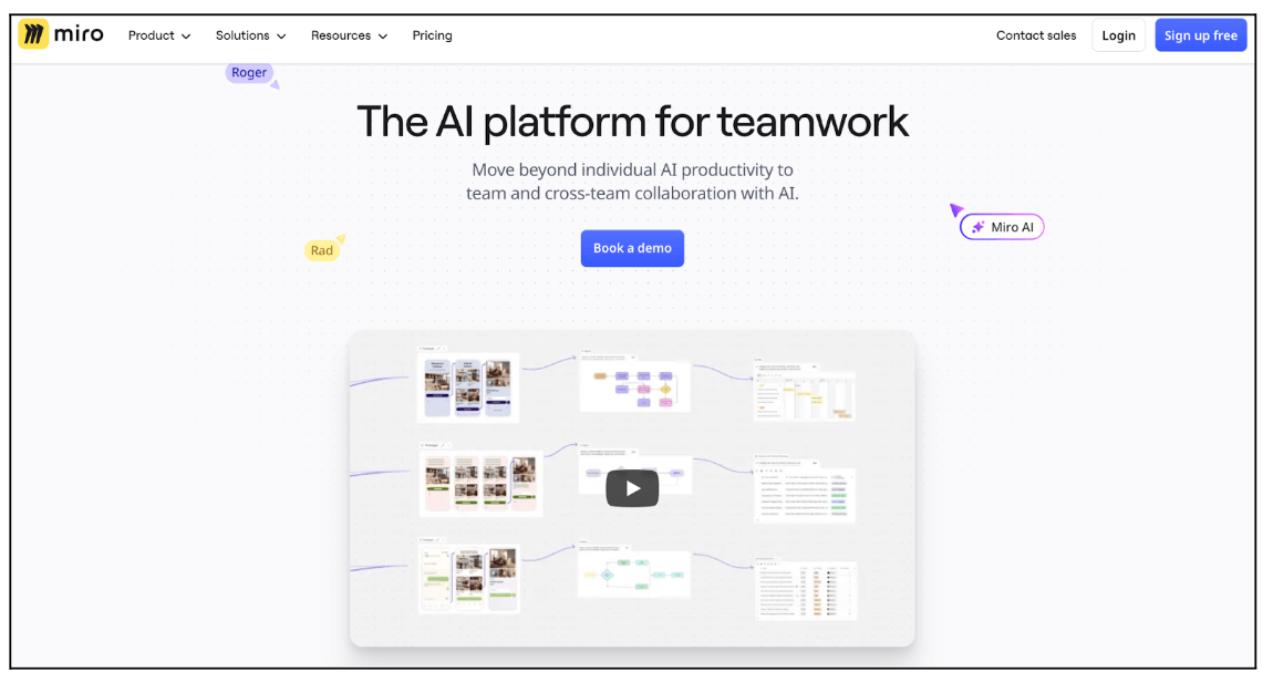 The top 9 AI tools for UX in 2026 4 Top 9 AI tools for UX in 2026: A screenshot of Miro’s homepage showing the heading “The AI platform for teamwork” with a demo button and a visual workflow board preview beneath it, highlighting Miro AI for collaborative synthesis.