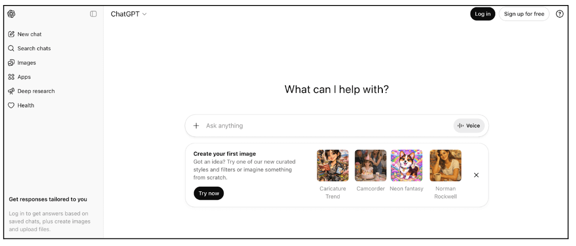 The top 9 AI tools for UX in 2026 7 Top 9 AI tools for UX in 2026: A screenshot of the ChatGPT interface showing the prompt bar, image-generation style options, and left-hand navigation menu for chats, images, apps, and deep research.