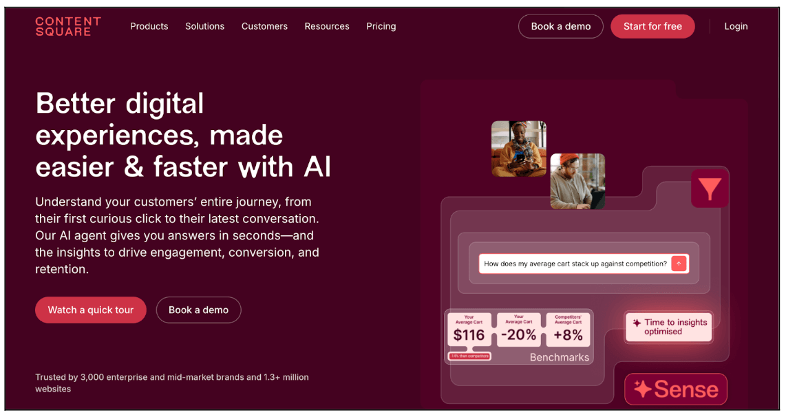 The top 9 AI tools for UX in 2026 10 Top 8 AI tools for UX in 2026: A screenshot of Contentsquare’s homepage featuring the headline “Better digital experiences, made easier and faster with AI” on a dark red background, with buttons for demos and visual UI elements showing behavioural analytics and benchmark insights.