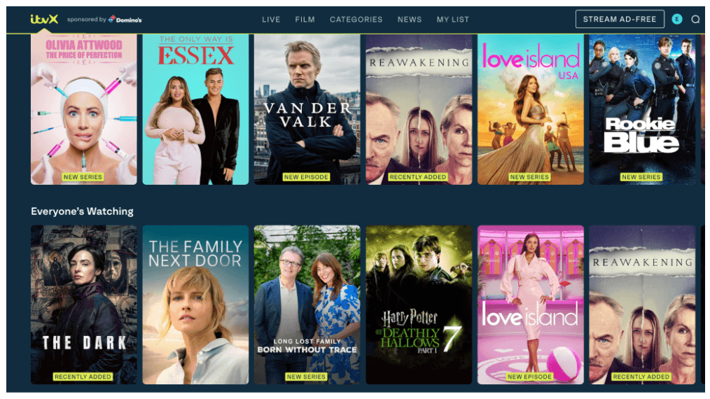 The ultimate guide to card design for UI in 2026 (with examples) 2 Screenshot of the ITVX streaming platform showing rows of TV and film content cards, illustrating a card-based design commonly used across streaming services.