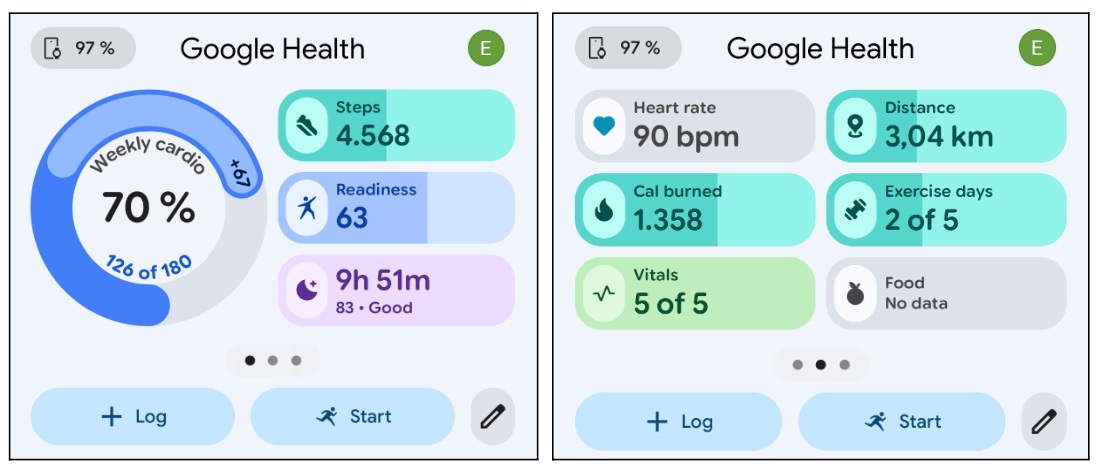 The ultimate guide to card design for UI in 2026 (with examples) 3 Two Google Health dashboard screens displaying health and fitness metrics, including weekly cardio progress, steps, readiness, sleep, heart rate, distance, calories burned, exercise days and vitals.