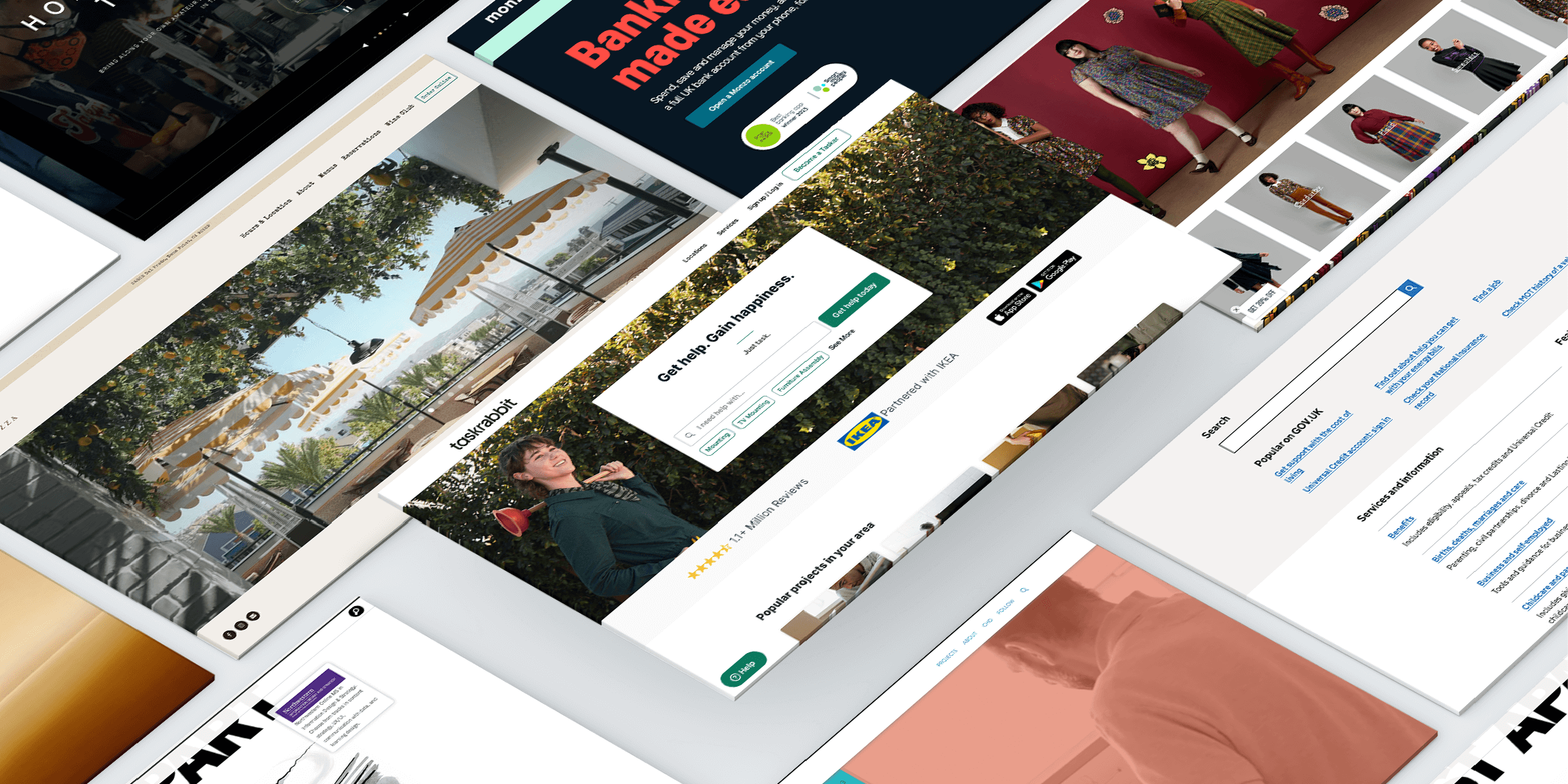 Floating screens displaying various content design examples.