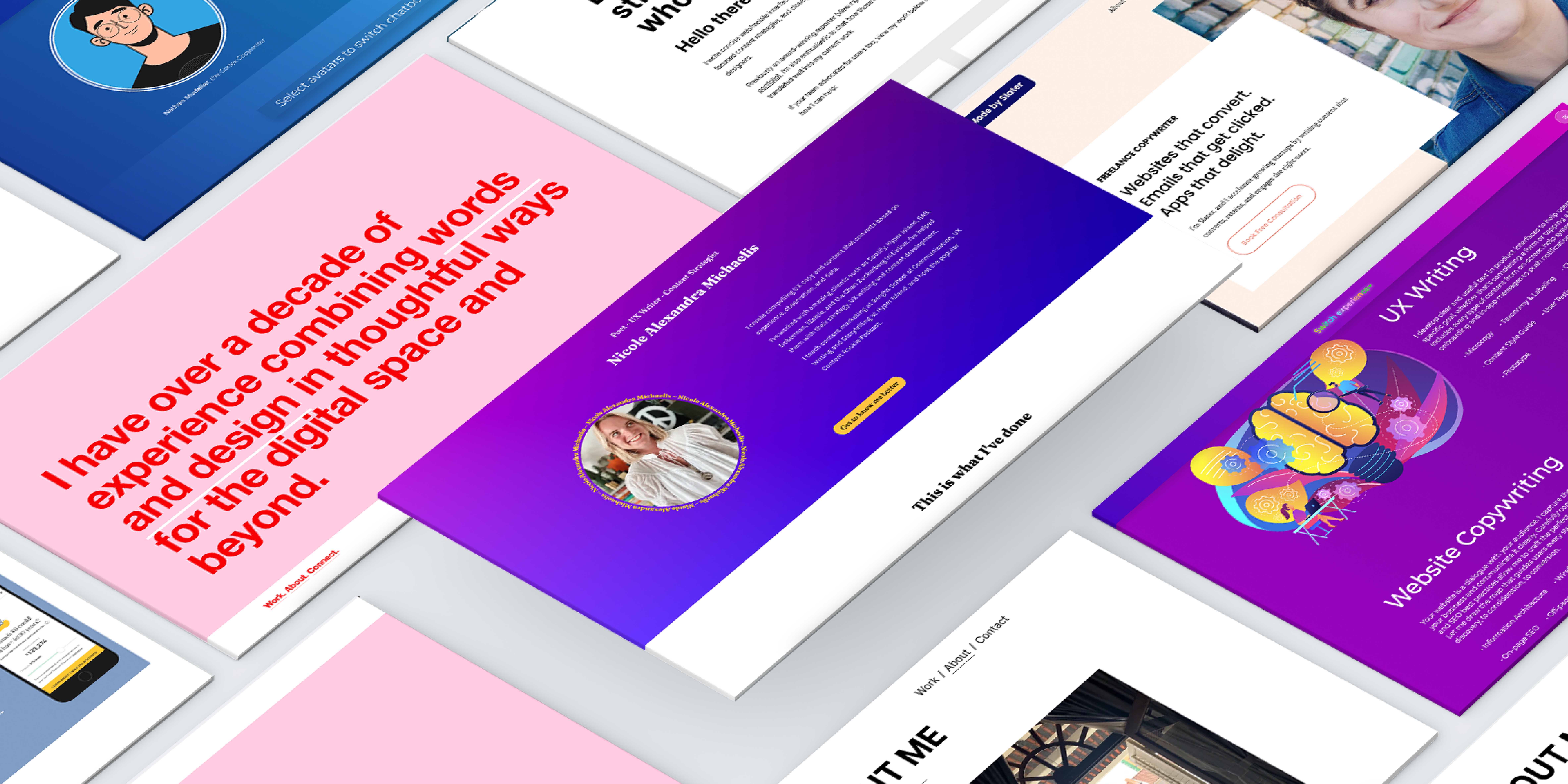 Floating screens displaying UX writing portfolio examples.