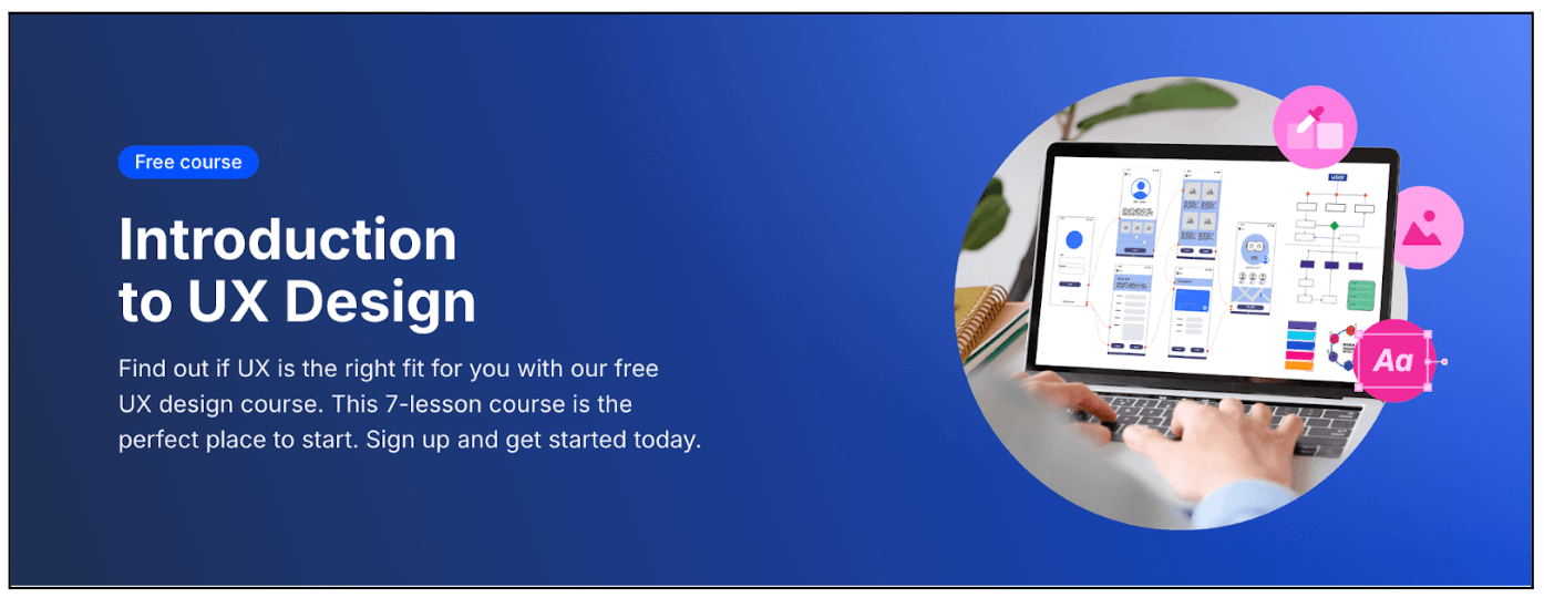 9 of the best free UX design courses in 2026 2 A UX Design Institute banner promoting the free “Introduction to UX Design” course, showing the course title on a blue background and an image of hands creating wireframes on a laptop with design icons around it.