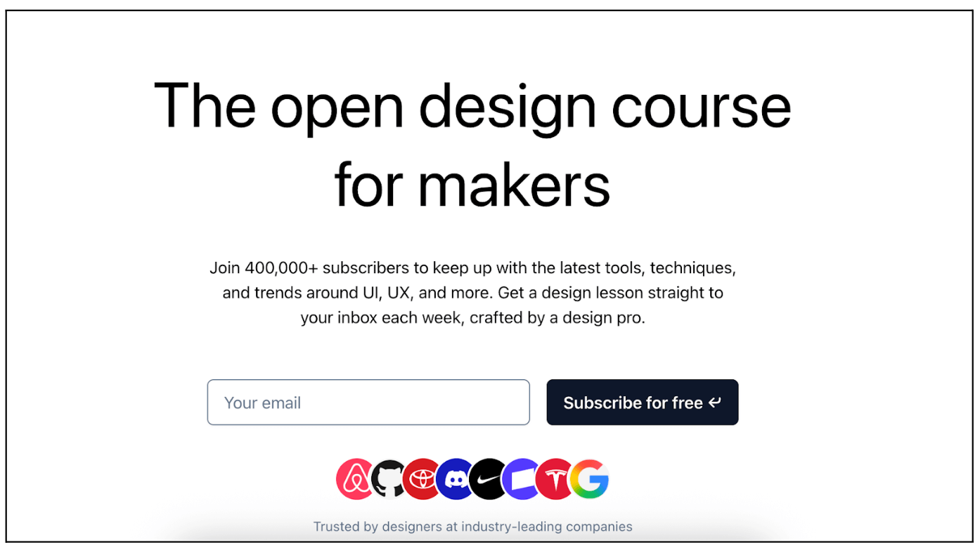 9 of the best free UX design courses in 2026 3 A Hack Design landing page promoting “The open design course for makers”, with a subscription box for weekly design lessons and logos of well known companies showing designer trust.