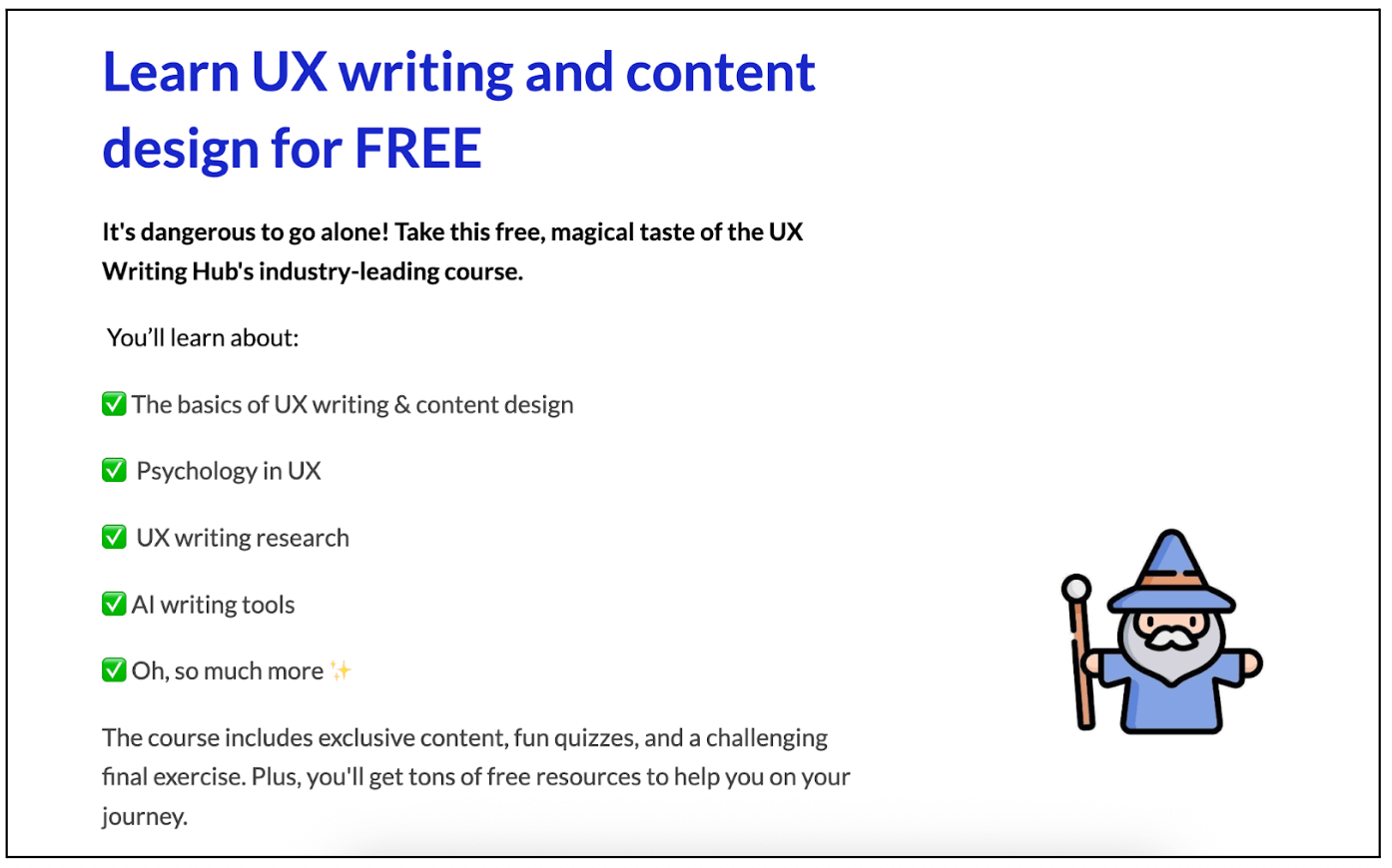 9 of the best free UX design courses in 2026 4 A promotional banner from UX Writing Hub advertising a free UX writing and content design course, displaying learning topics and a small illustrated wizard on the right.