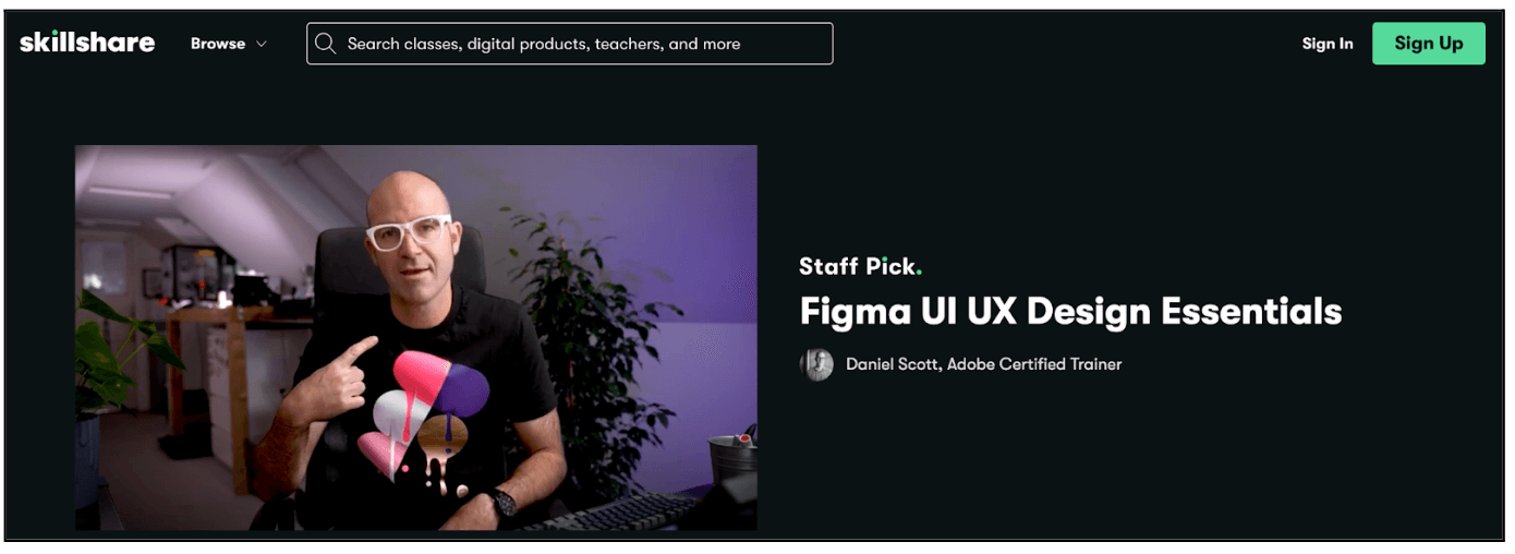 9 of the best free UX design courses in 2026 6 A Skillshare class page featuring instructor Daniel Scott introducing the “Figma UI UX Design Essentials” course in a studio style setting.