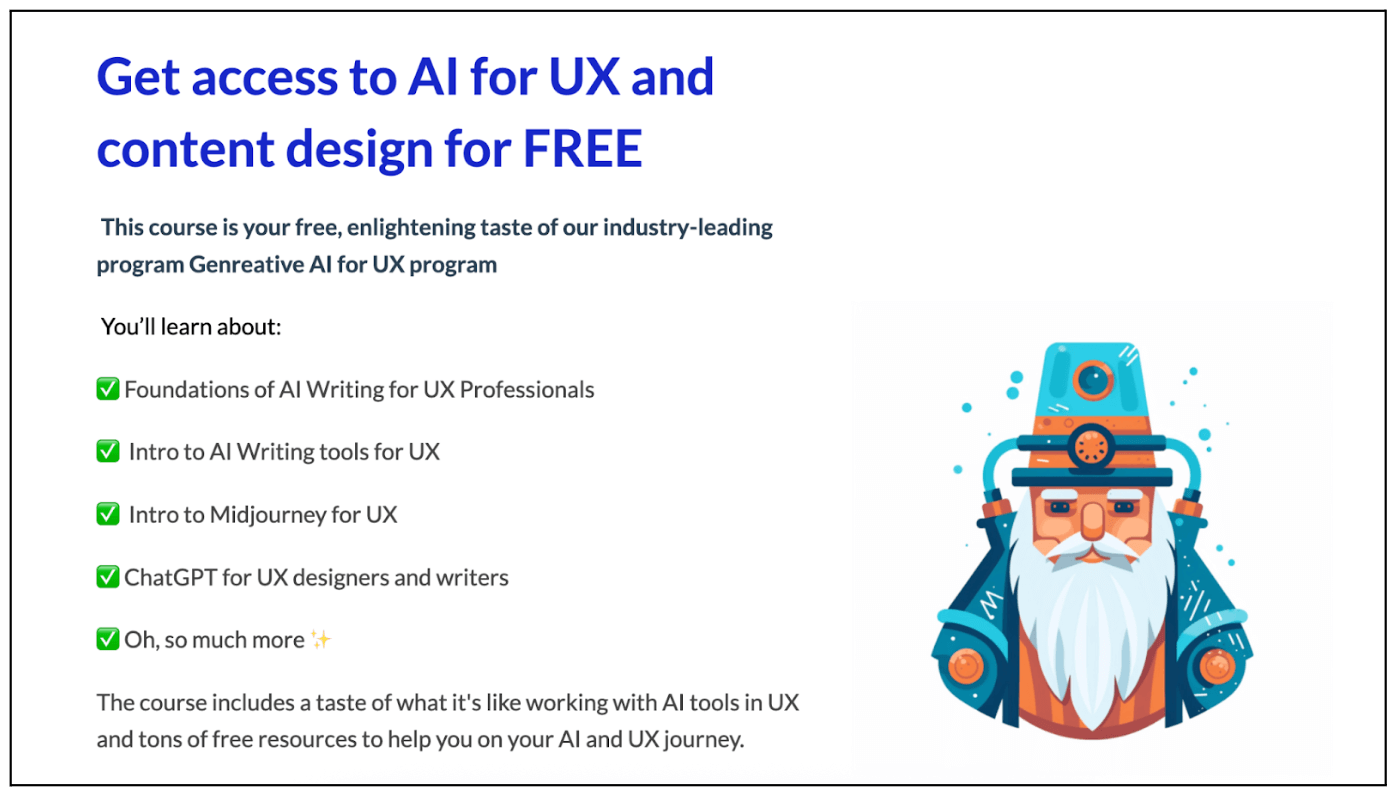 9 of the best free UX design courses in 2026 7 A promotional banner from UX Writing Hub advertising a free UX writing and content design course, displaying learning topics and a small illustrated wizard on the right.