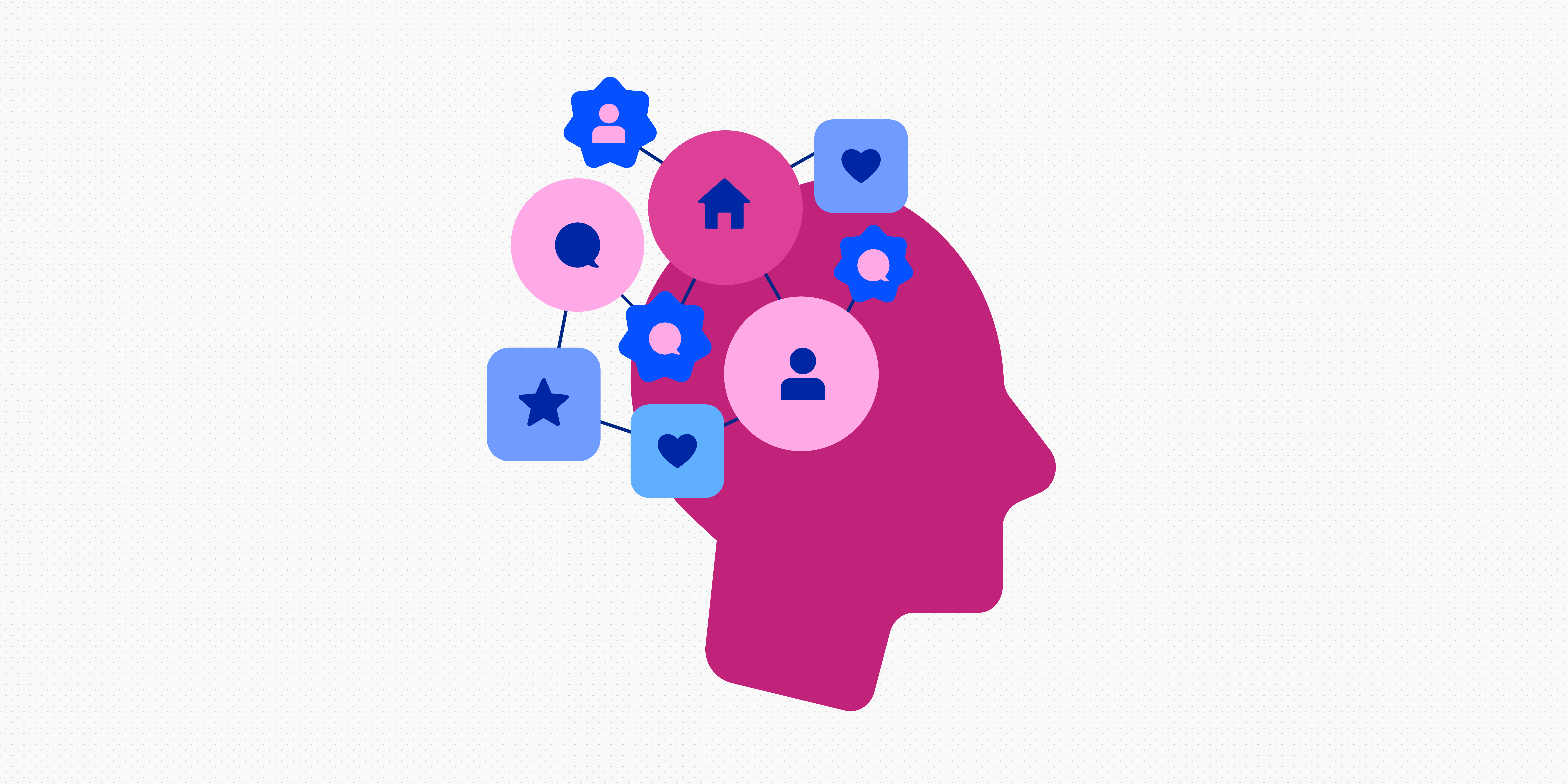 Illustration of a person’s head surrounded by floating icons: house, speech bubbles, stars, and hearts.