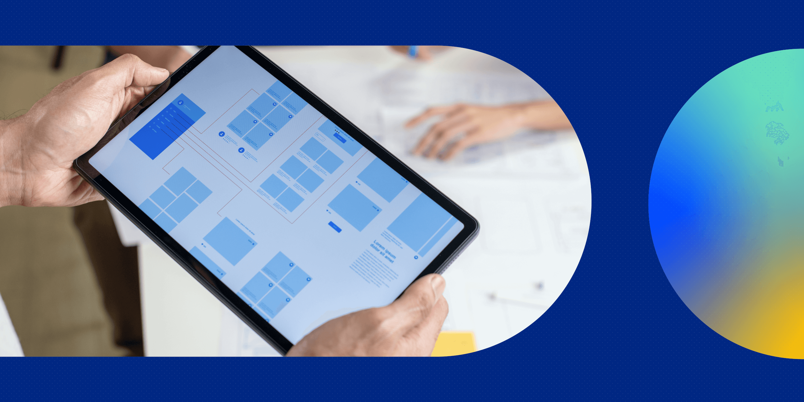 A tablet showing wireframes.
