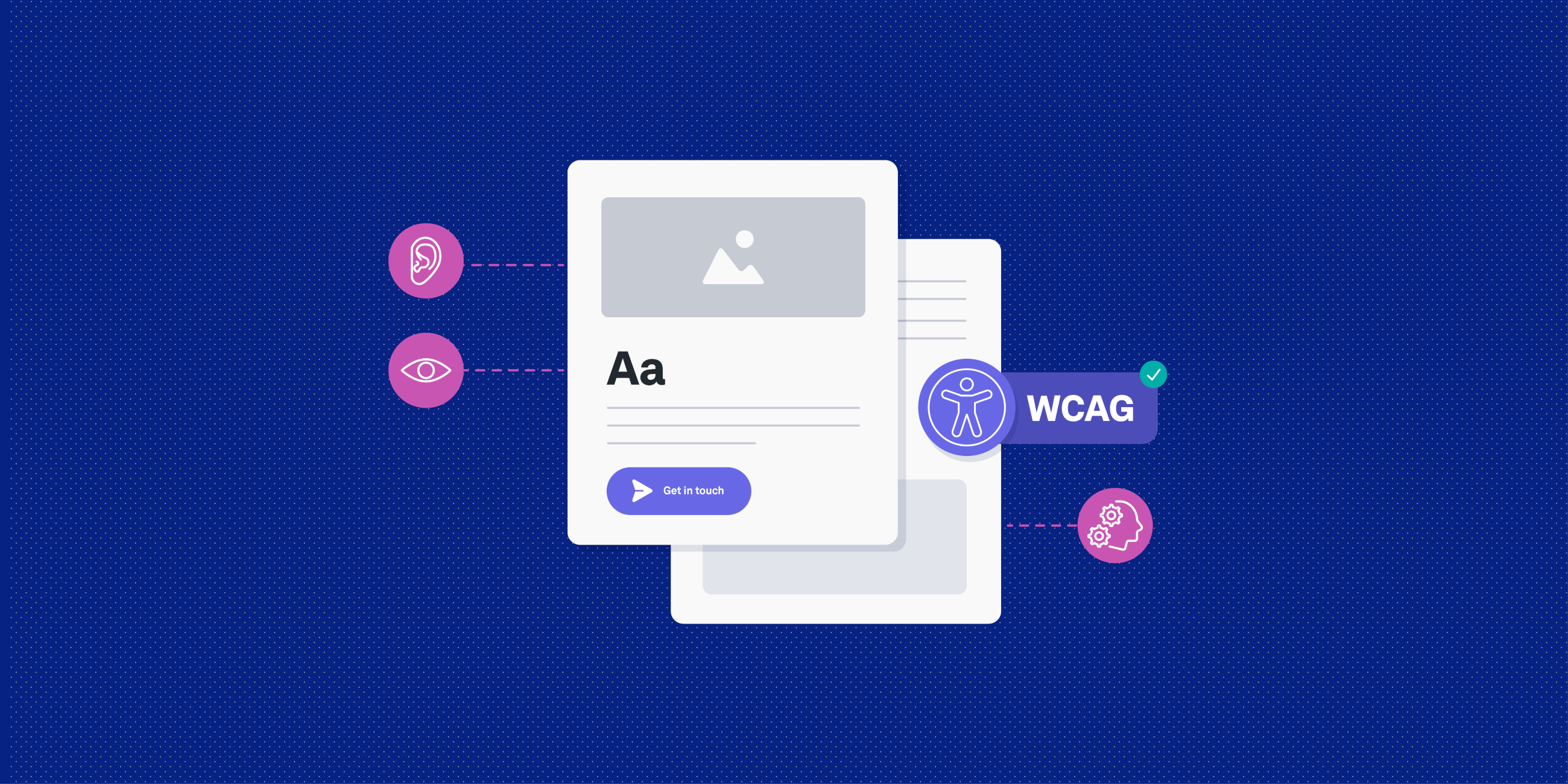 Illustration of WCAG-compliant web content with icons for hearing, vision, and cognitive accessibility.
