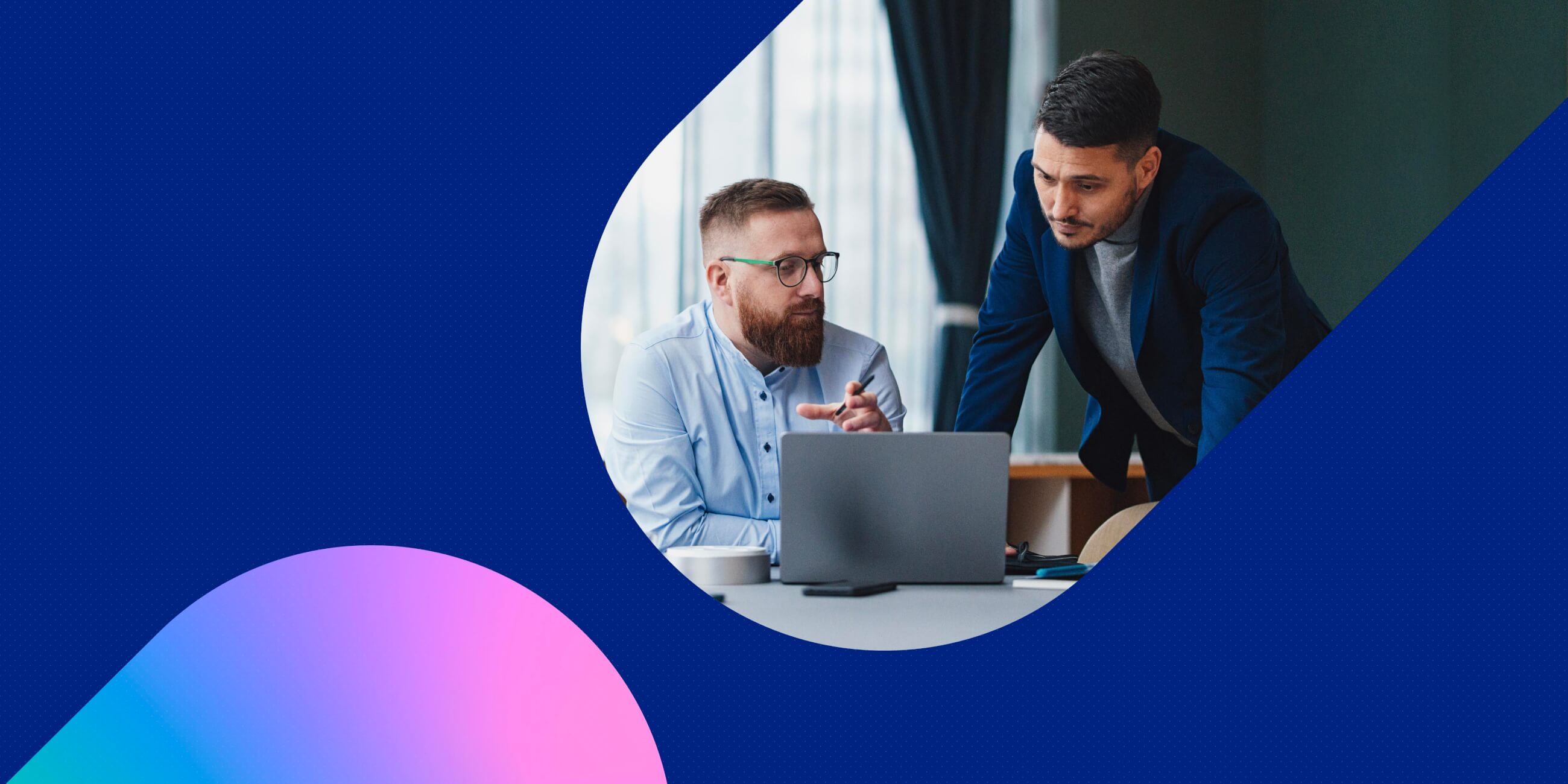 Two business professionals discussing digital strategy over a laptop in a modern office, representing collaboration on meeting accessibility requirements under the European Accessibility Act (EAA), with abstract blue and gradient design elements in the background.