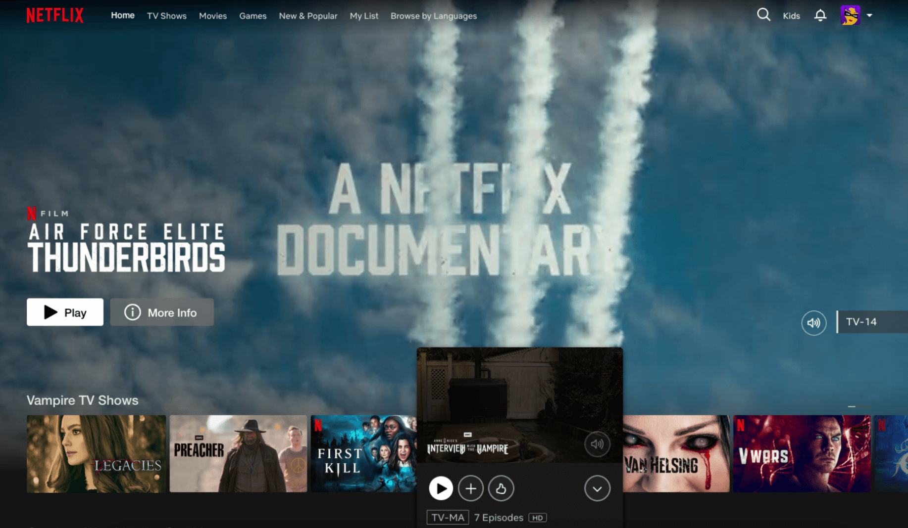 Netflix homepage showcasing the documentary “Air Force Elite: Thunderbirds” with visible UI icons including a Play button, More Info icon, volume control, and rating label; a preview tile for “Interview with the Vampire” shows additional icons for play, add to list, thumbs up, and expand.