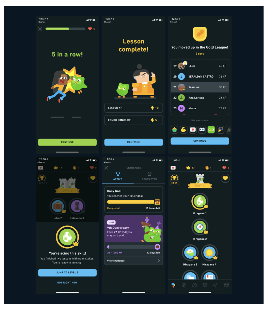 screenshot of duolingo app showing the haracters and icons that are used to make the interface more relatable and enjoyable.