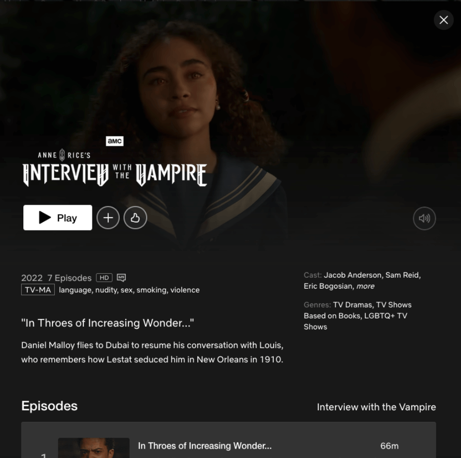 Netflix UI preview for Interview with the Vampire, showing character portrait with play, add-to-list, and download icons beneath the title.