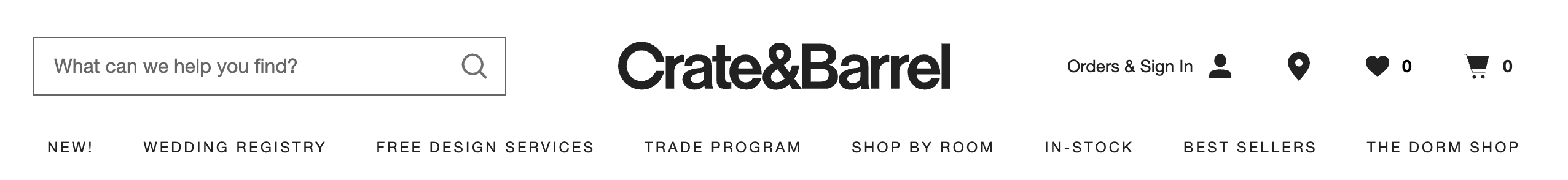 Crate & Barrel website header featuring a search bar and UI icons for account, store locator, wishlist, and shopping cart — demonstrating intuitive icon use in e-commerce design.
