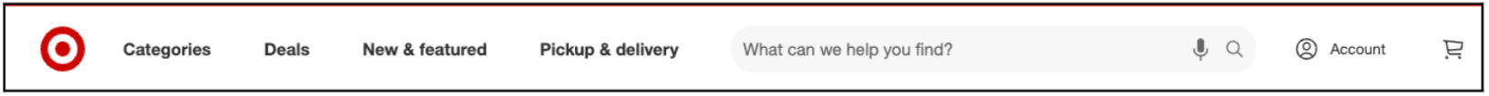 Target website header with category links, a search bar, microphone icon, account icon, and shopping cart icon, illustrating a clean and icon-led navigation UI.