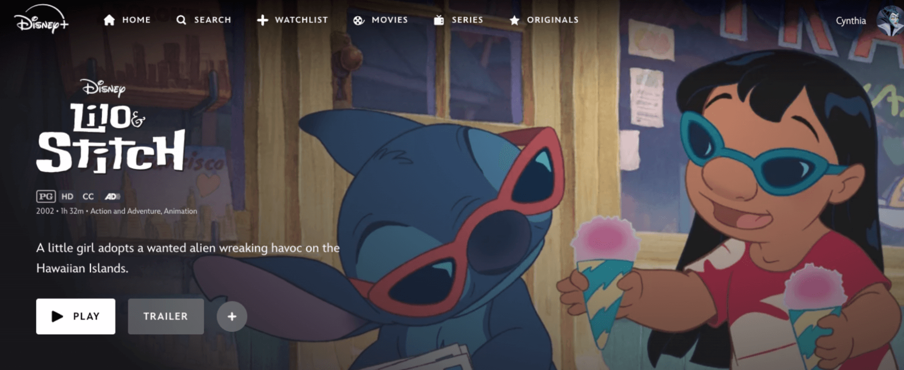 Disney+ screen for Lilo & Stitch. The page shows the Disney logo in its signature script font and the Lilo & Stitch movie title in a bold, playful, irregular typeface. Other text on the page, such as movie details and description, appears in a clean, simple sans serif font, making the unique title font stand out without overwhelming the design.