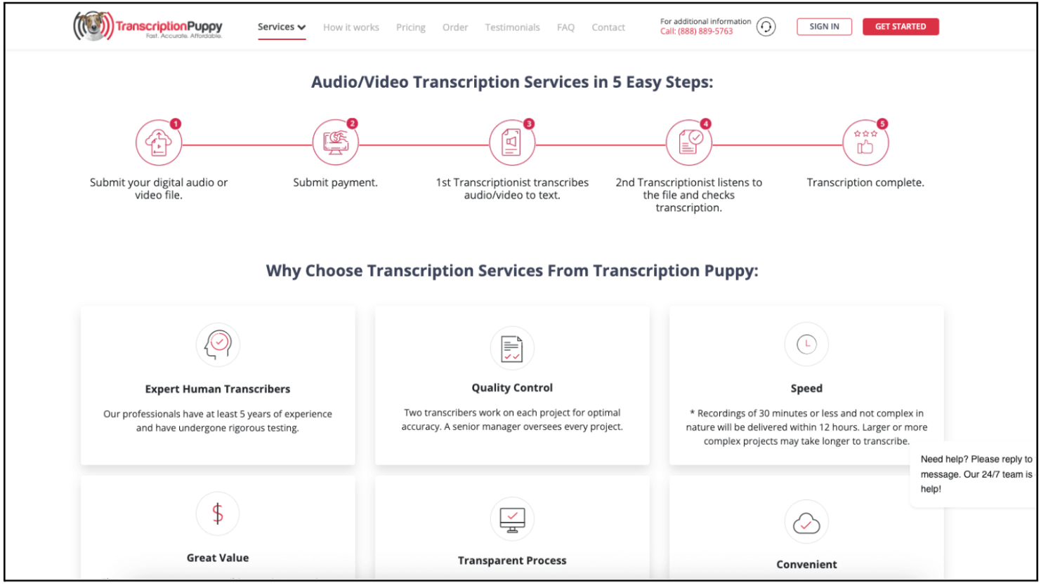 Screenshot of TranscriptionPuppy’s website using a symmetrical layout. The top section shows a five-step transcription process with icons and numbers in a straight line: submit audio or video file, submit payment, first transcriptionist transcribes, second transcriptionist checks, and transcription complete. Below, six evenly spaced boxes explain why to choose the service, highlighting expert human transcribers, quality control, speed, great value, transparent process, and convenience.