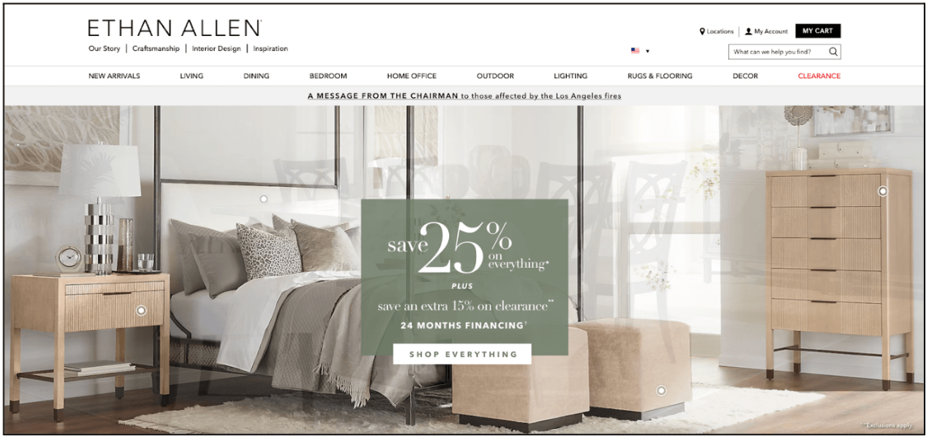 Ethan Allen homepage showing a neutral-toned bedroom with beige and grey furniture and bedding. In the centre, a muted green box announces “Save 25% on everything” with additional sale details. The subdued colour palette creates a calming sense of visual unity, with the green box standing out subtly without breaking the harmony.