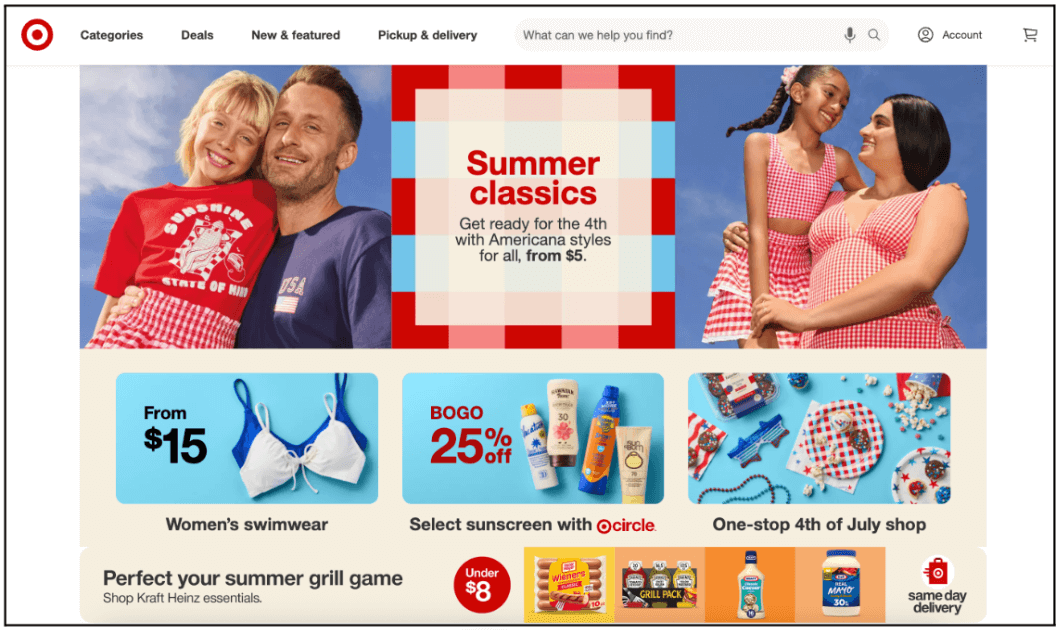 Target homepage with a large central red-and-white checkered box that says “Summer classics,” making it the most important element. On either side are smaller images of families in Americana outfits. Below, medium-sized boxes promote women’s swimwear, sunscreen, and a 4th of July shop, while smaller banners at the bottom highlight grilling essentials and same-day delivery. The varying box sizes show visual hierarchy of importance.