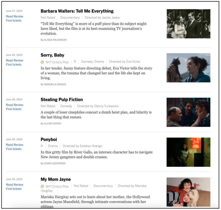 Screenshot of New York Times movie reviews page. Each review is neatly aligned in rows, with the movie title and body text left aligned on the left, and a film image placed to the right. The consistent column and row alignment creates a clear, structured layout.