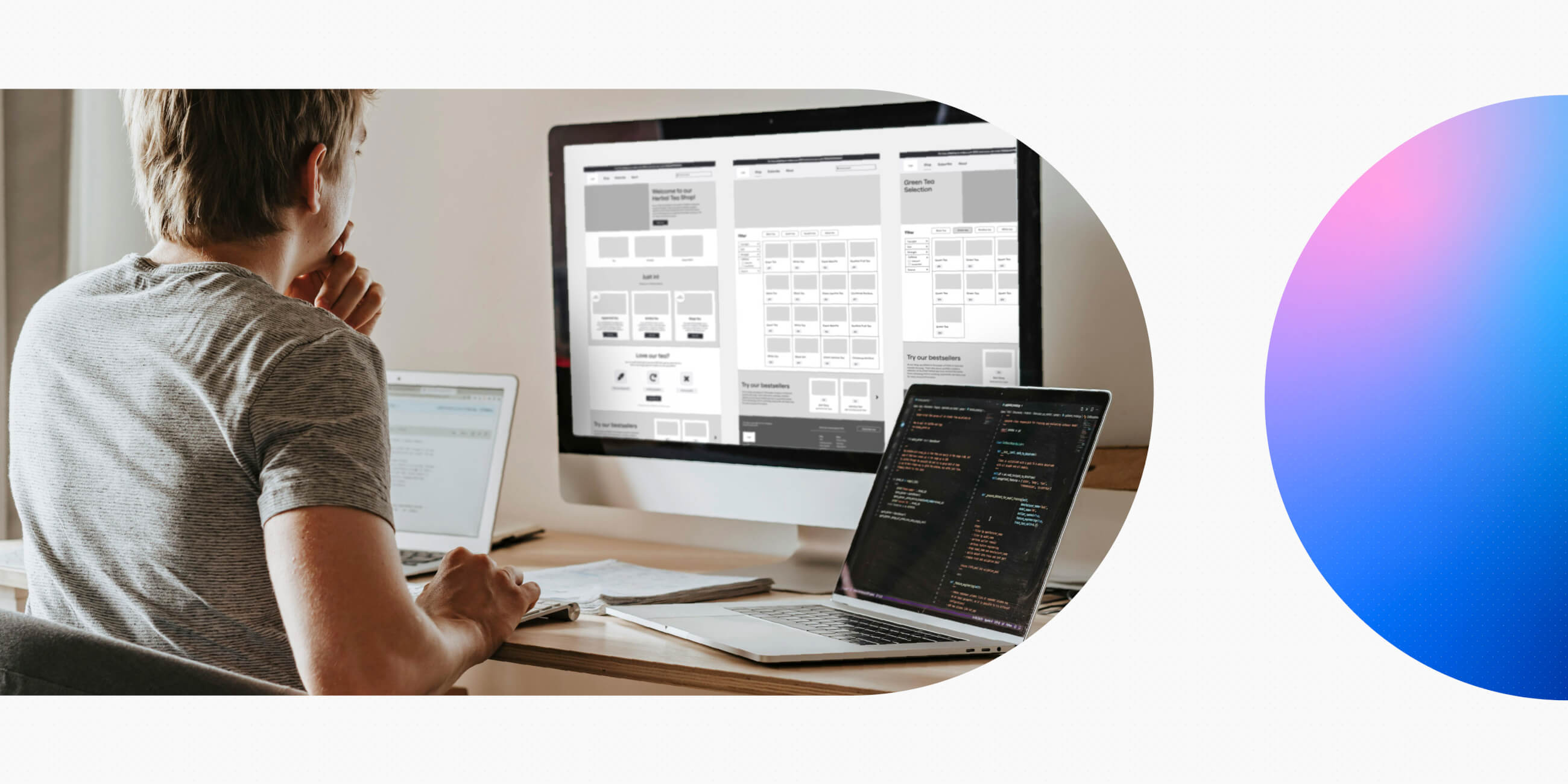 A guide to understanding the content design process with steps in the process the reader can follow as well as tools, tips, and best practices. Blog header with a person looking at three screens by the UX Design Institute.