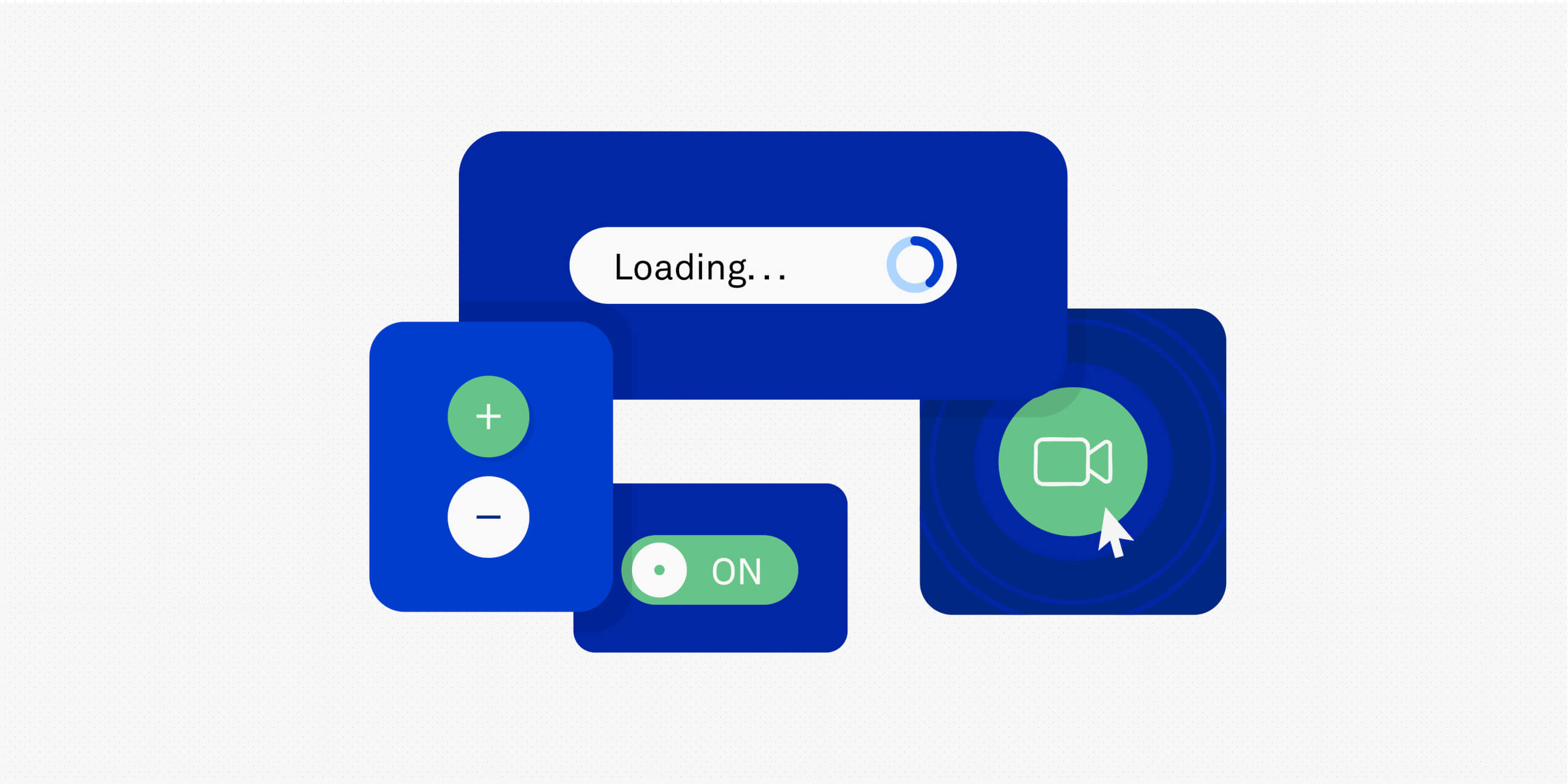 Illustration showing various micro-interactions, including a loading indicator, toggle switch, plus and minus buttons, and a video icon being clicked.