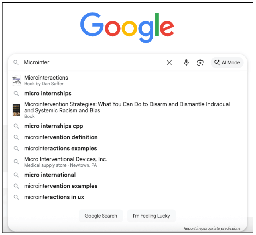 Visual showing Google search as an example of rules in micro-interactions