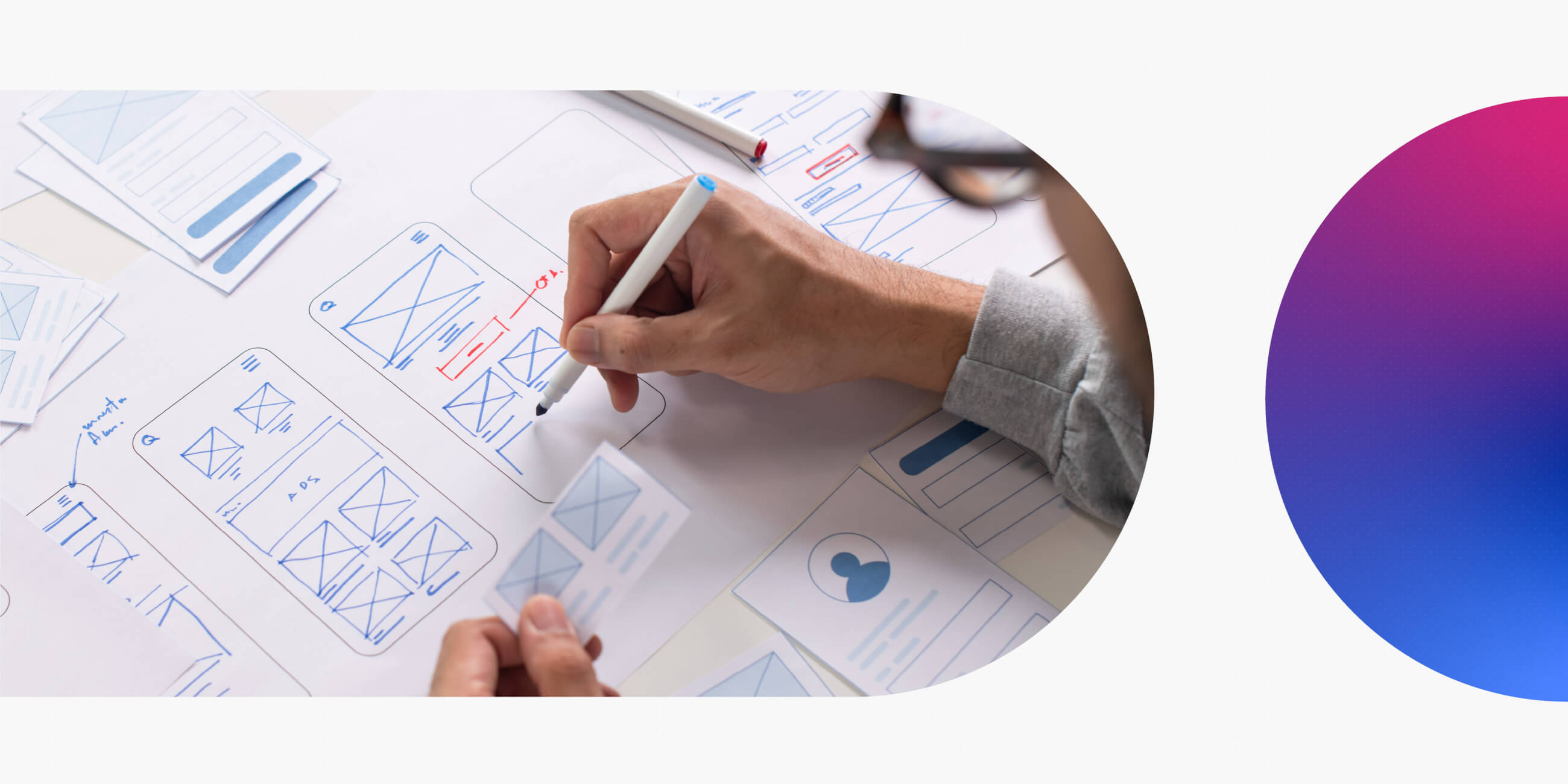 UX Design trends in 2026 blog header by the UX Design Institute. A designer sketching mobile wireframes on paper.