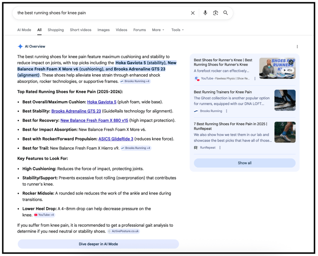 Designing for AI Search in 2026: A UX Designer’s Guide to LLM Interfaces and Machine Experience (MX) 3 Google AI Overview displaying an AI-generated answer for running shoes for knee pain, showing summarised recommendations and key features above traditional search results