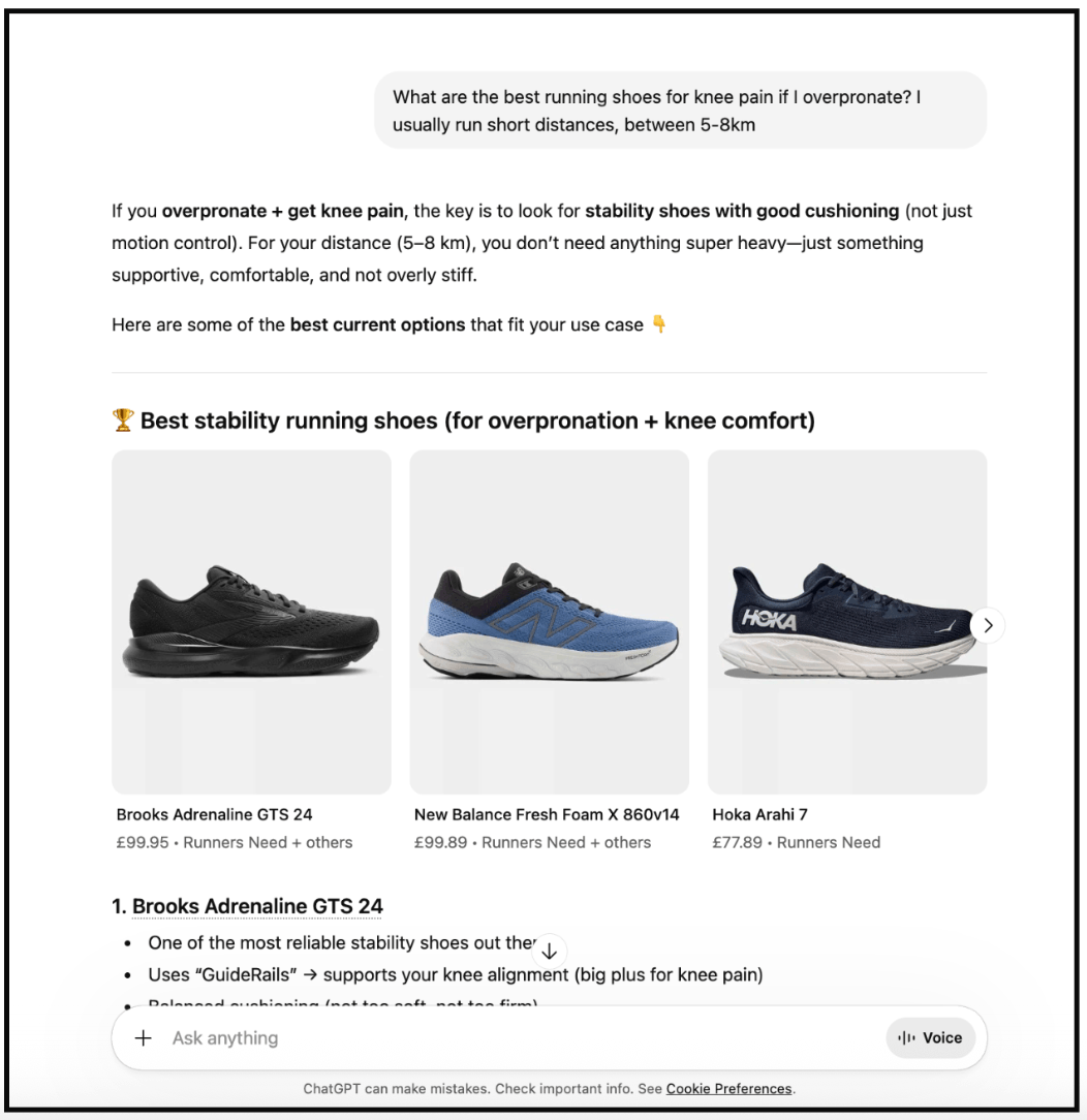 Designing for AI Search in 2026: A UX Designer’s Guide to LLM Interfaces and Machine Experience (MX) 4 Conversational AI interface providing structured recommendations for running shoes based on user context, demonstrating AI search, personalised results and follow-up interaction